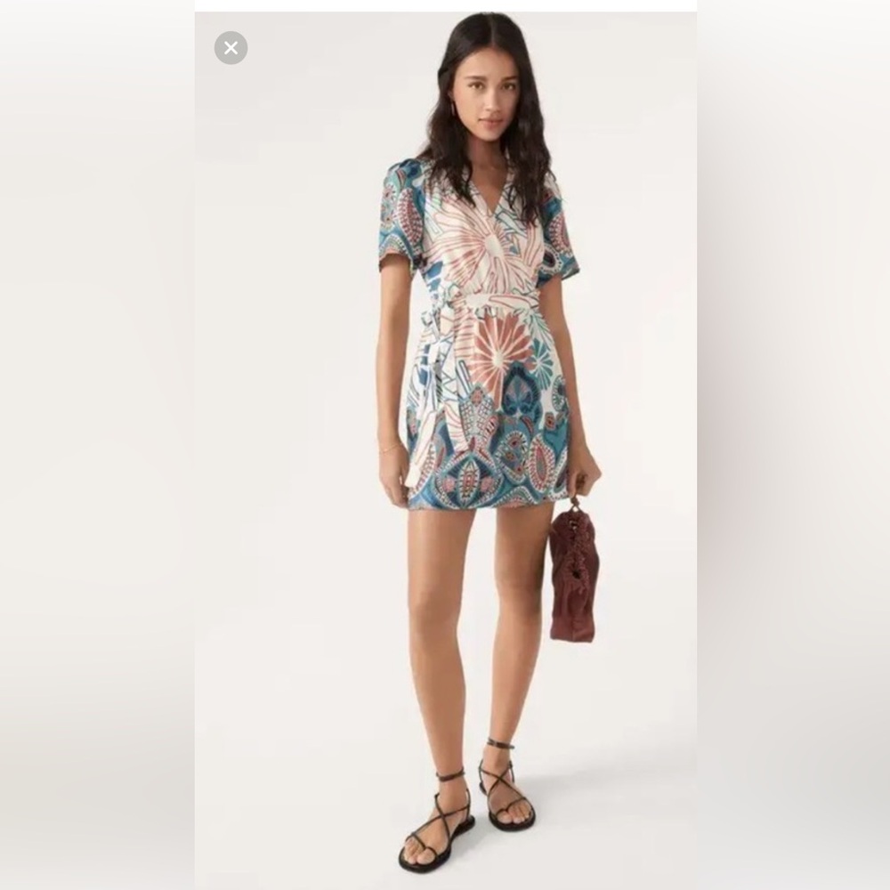 Ba&sh Jara Mixed Print Wrap Mini Dress in the turquoise colorway Size Small NWT